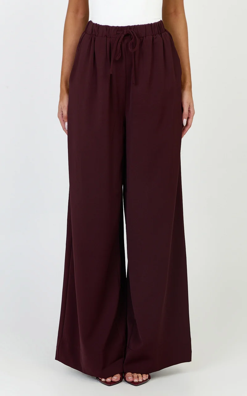 Nicole Pants - High Waist Elasticated Gathered Waist Wide Leg Pants in Wine