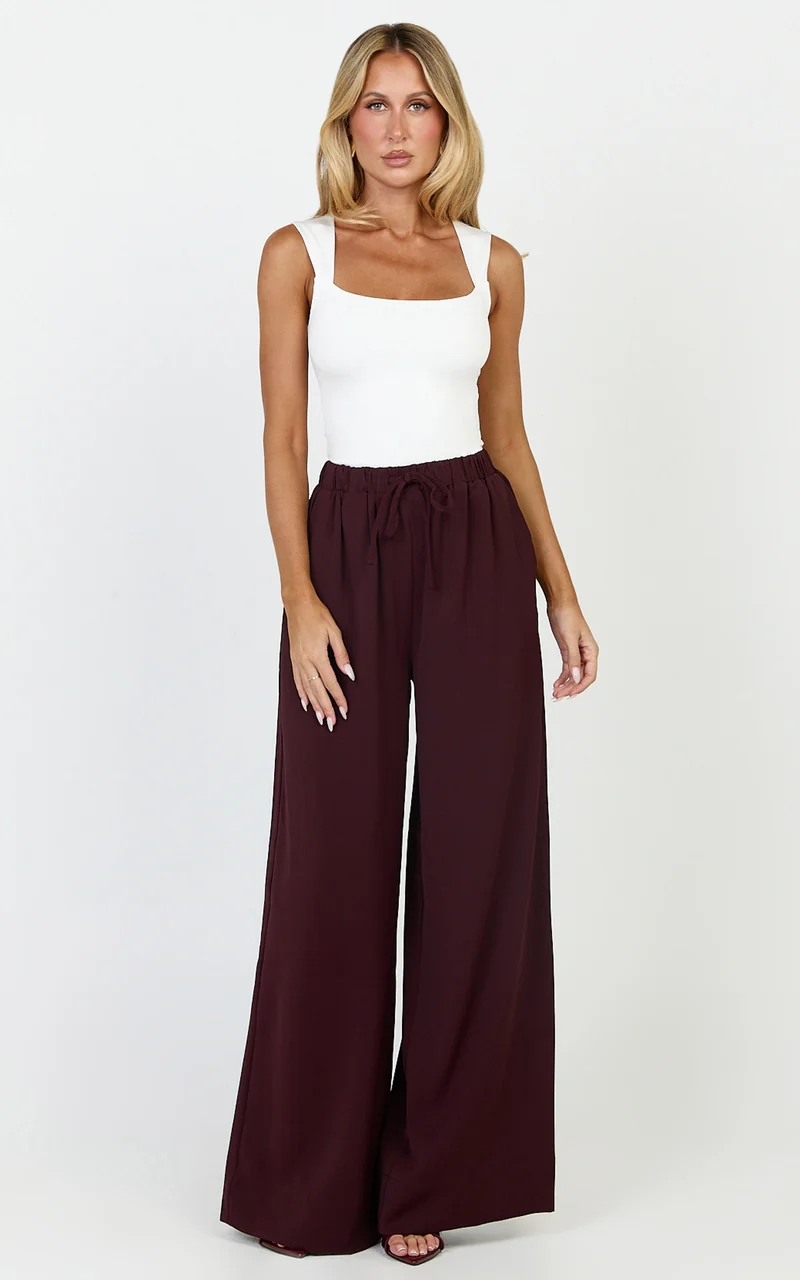 Nicole Pants - High Waist Elasticated Gathered Waist Wide Leg Pants in Wine