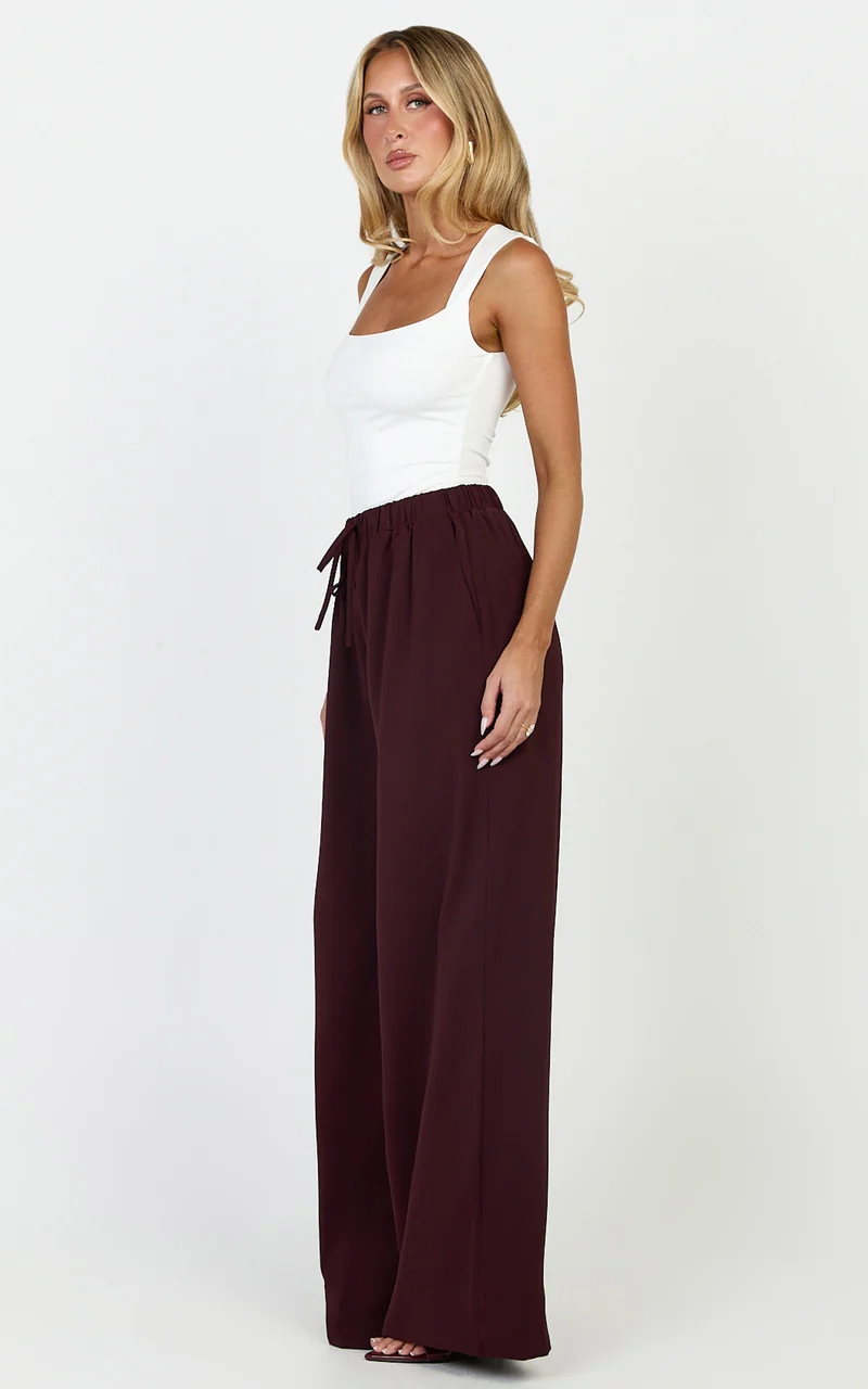 Nicole Pants - High Waist Elasticated Gathered Waist Wide Leg Pants in Wine