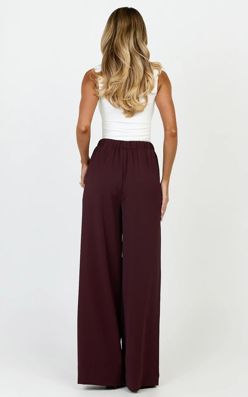 Nicole Pants - High Waist Elasticated Gathered Waist Wide Leg Pants in Wine