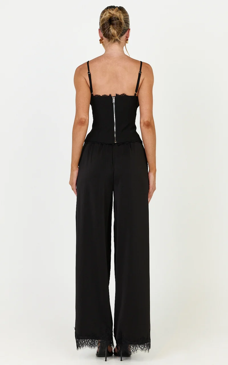 Ava Pants - Mid Waist Relaxed Leg Lace Hem Pants in Black