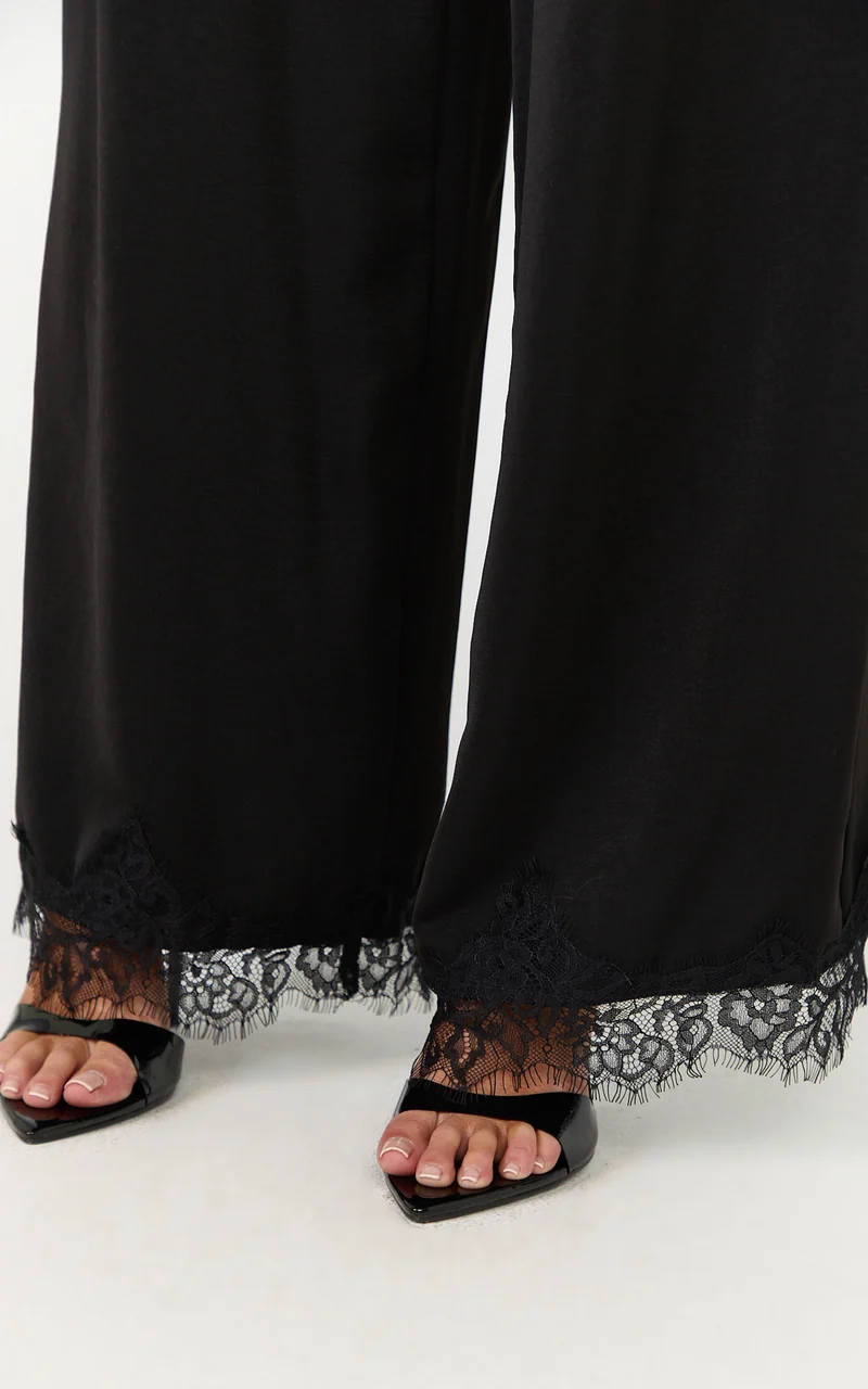 Ava Pants - Mid Waist Relaxed Leg Lace Hem Pants in Black