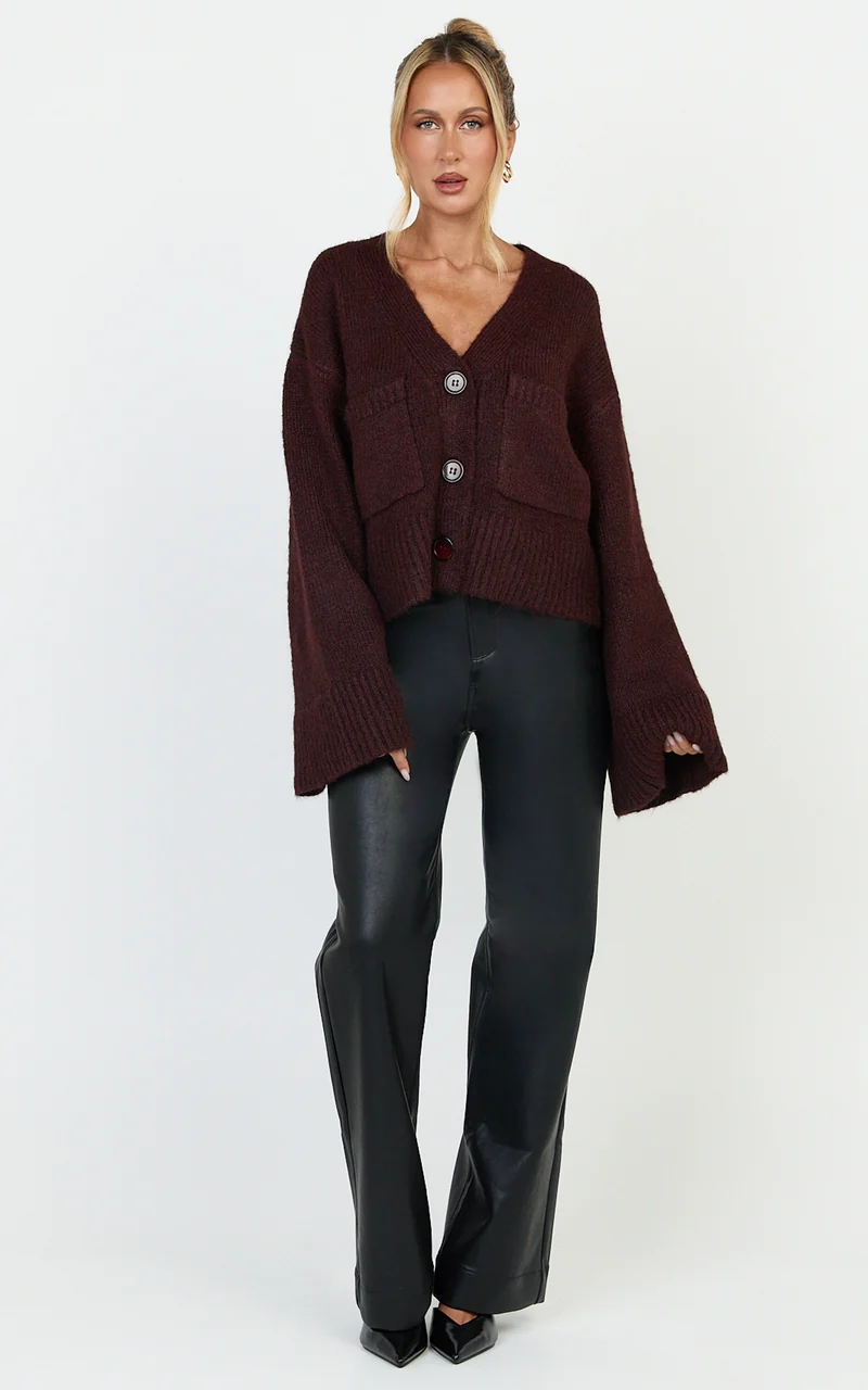 Becka Cardigan - Oversized Recycled Knitted Button Through Cardigan in Wine