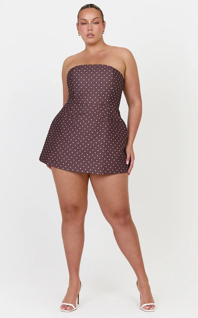 Benson Playsuit - Strapless Fit and Flare Playsuit in Chocolate/Cream Polka Dot