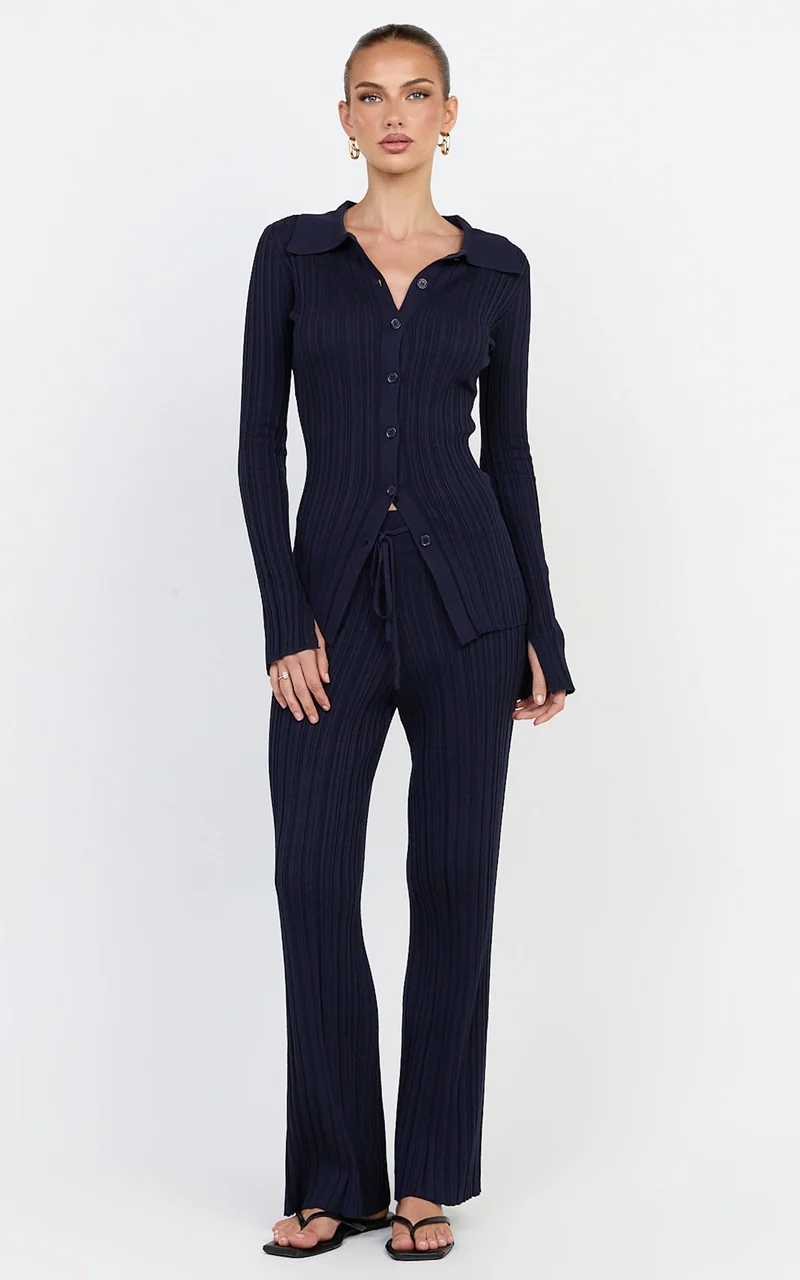 Kelsey Pants - High Drawstring Waist Knit Pants in Navy