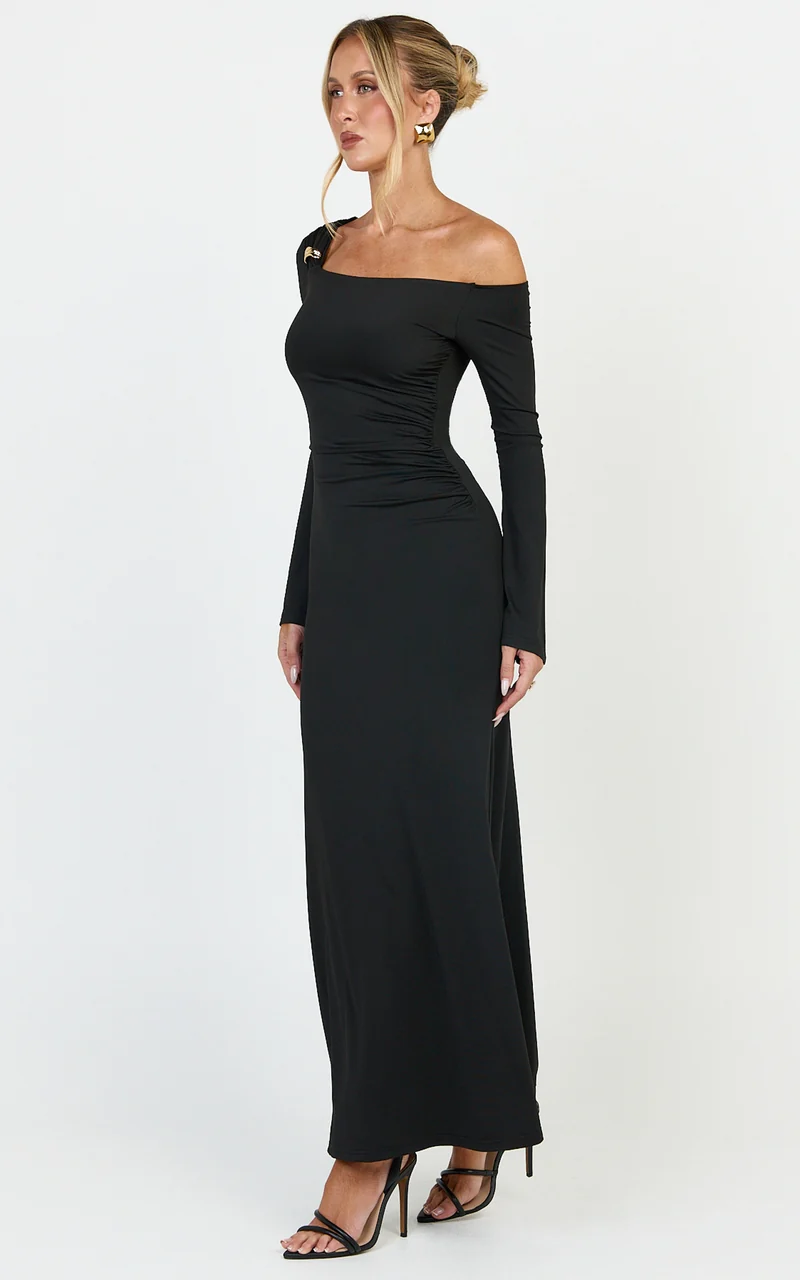 Daisy Maxi Dress - Long Sleeve Gold Hardware Detail Maxi Dress in Black
