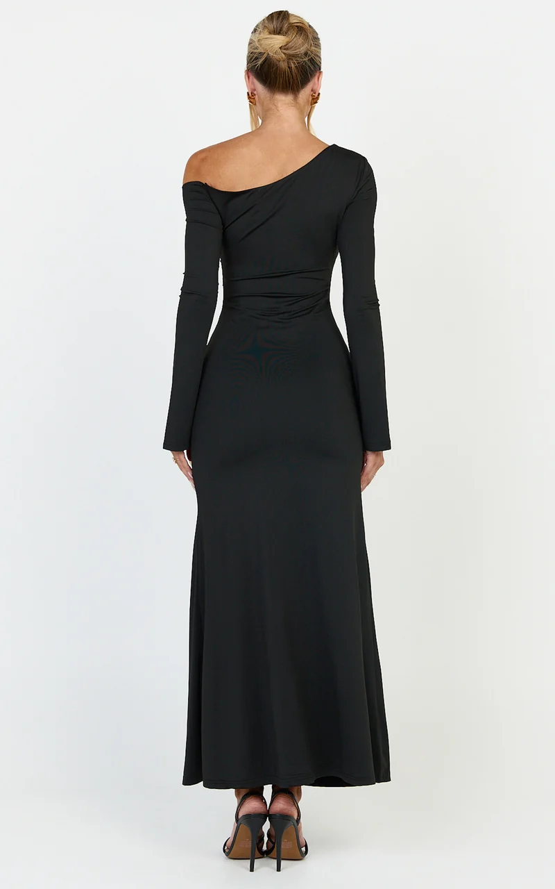 Daisy Maxi Dress - Long Sleeve Gold Hardware Detail Maxi Dress in Black