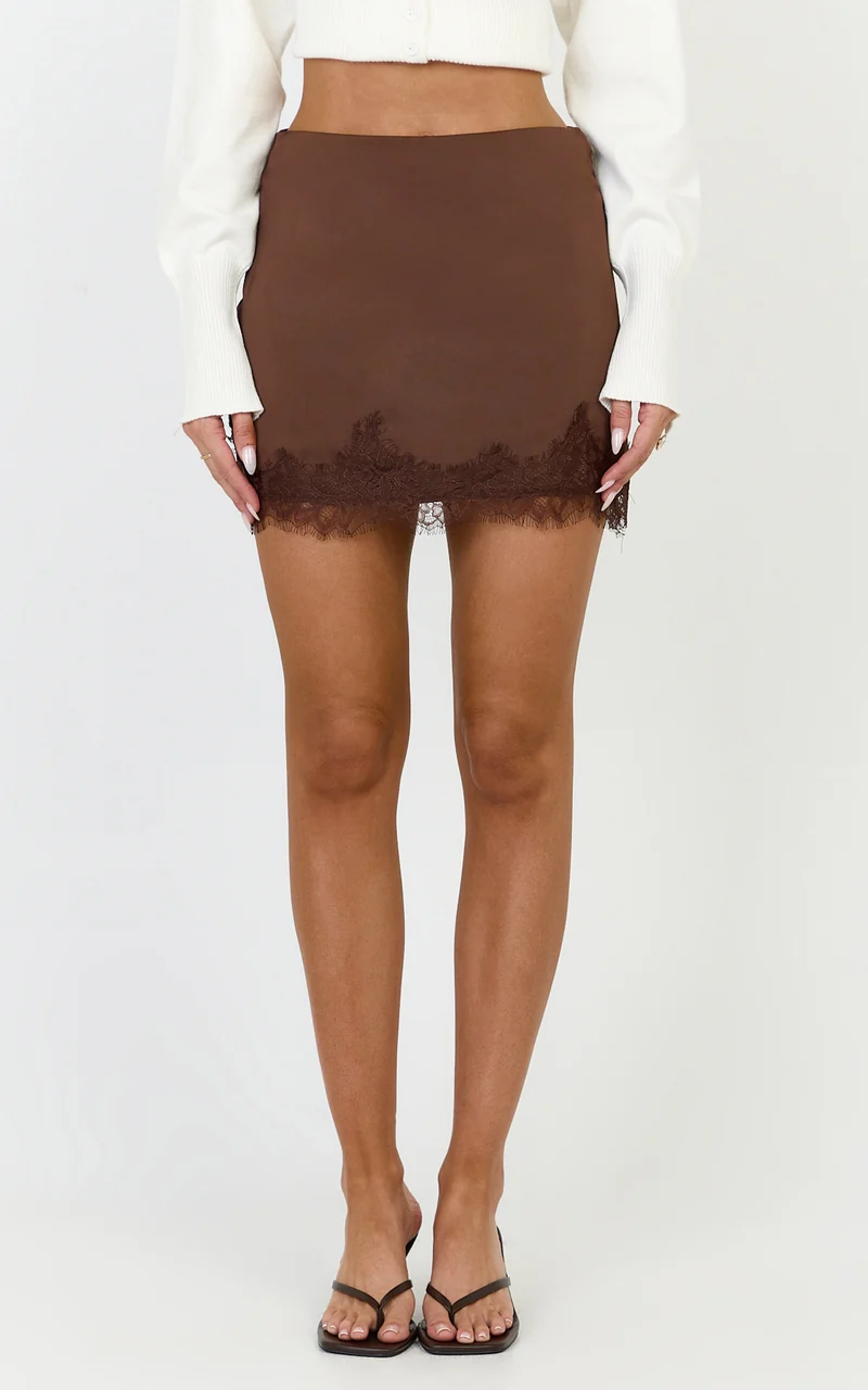 Ava Mini Skirt - Lace Trim Skirt in Chocolate