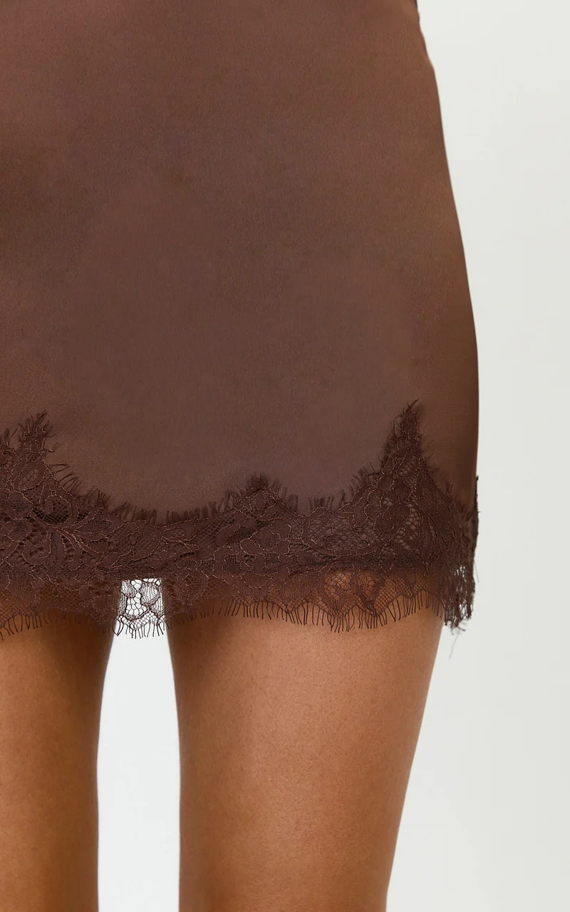 Ava Mini Skirt - Lace Trim Skirt in Chocolate