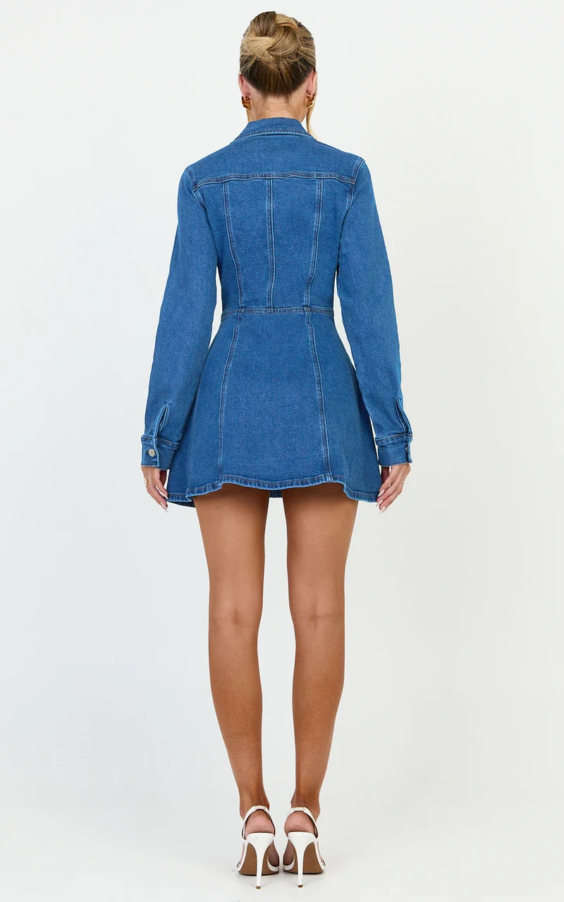 Cleo Mini Dress - Panel Detail Stretch Denim Shirt Dress in Mid Blue Wash