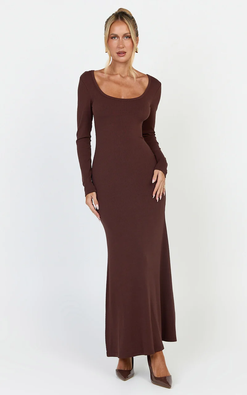 Gabriella Maxi Dress - Long Sleeve Scoop Neck Dress in Chocolate