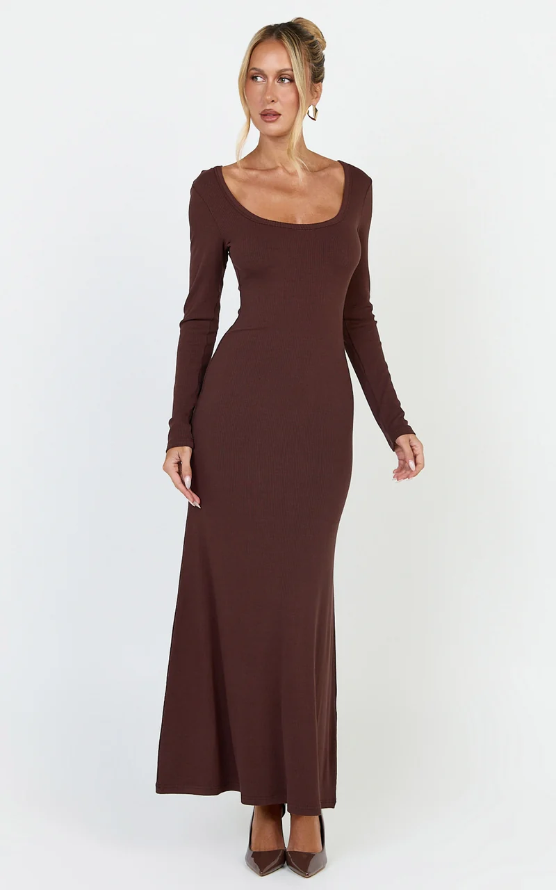 Gabriella Maxi Dress - Long Sleeve Scoop Neck Dress in Chocolate