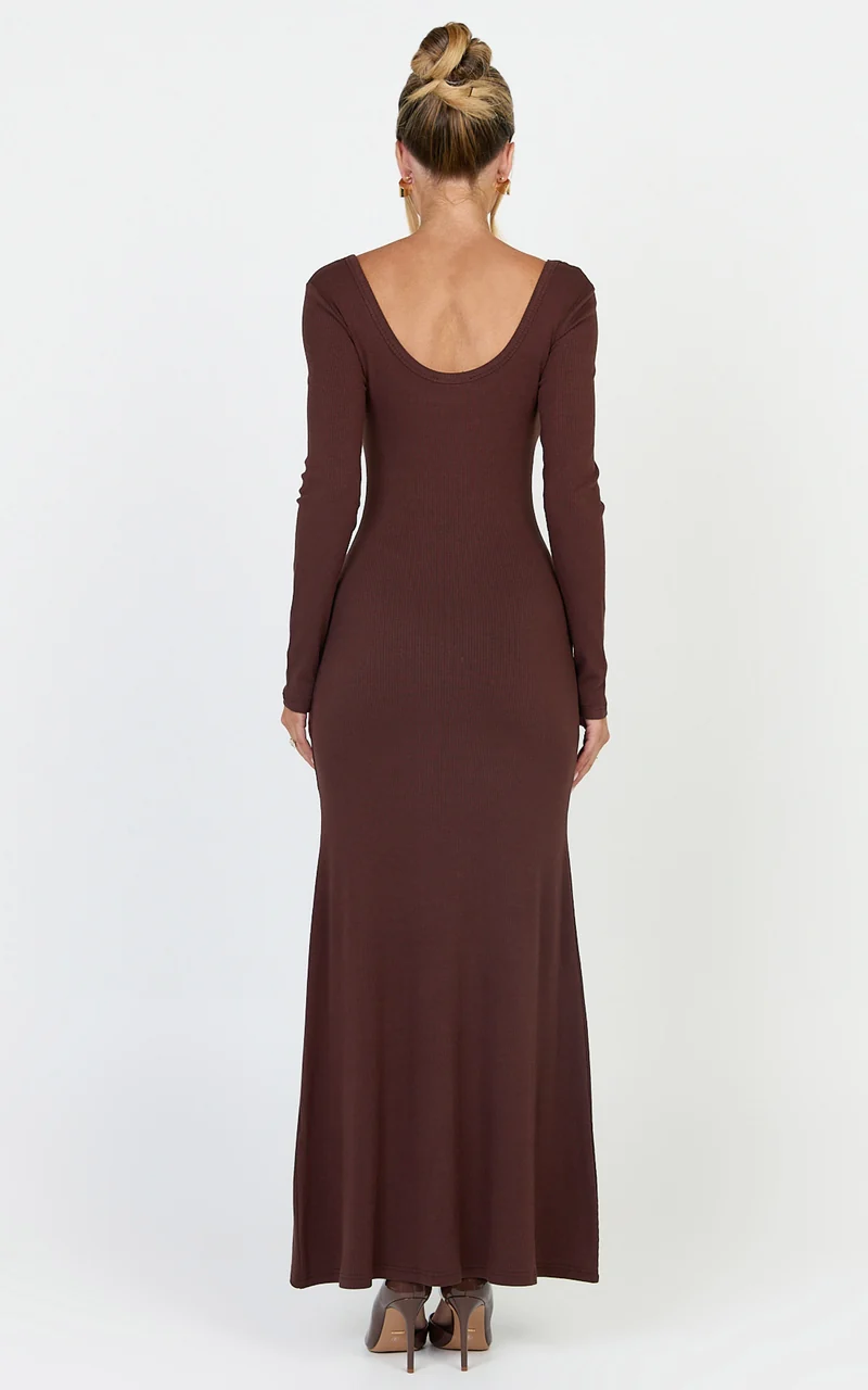 Gabriella Maxi Dress - Long Sleeve Scoop Neck Dress in Chocolate