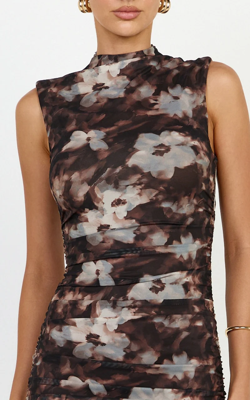 Maeve Mini Dress - High Neck Sleeveless Ruched Detail Dress in Brown