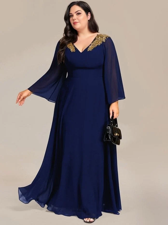 Robe grande taille bleue manches longues