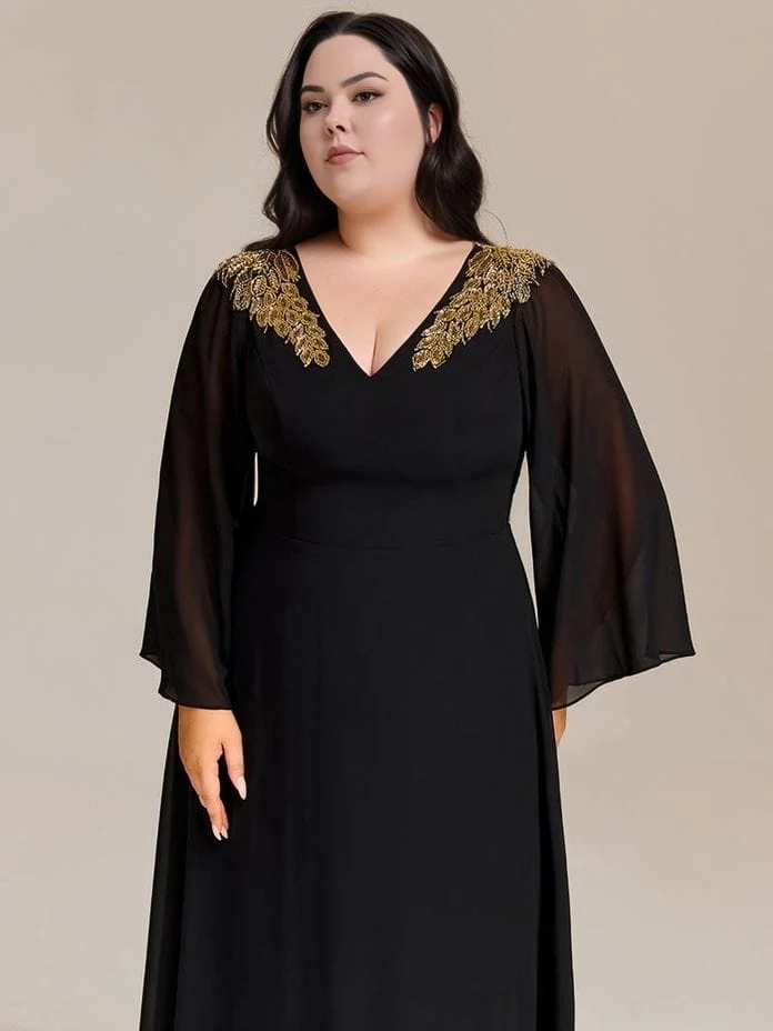 Robe de soirée noire grande taille manches longues évasées