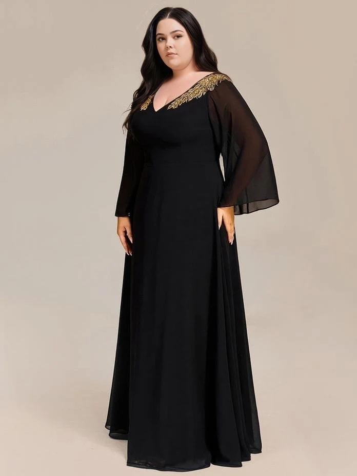 Robe de soirée noire grande taille manches longues évasées