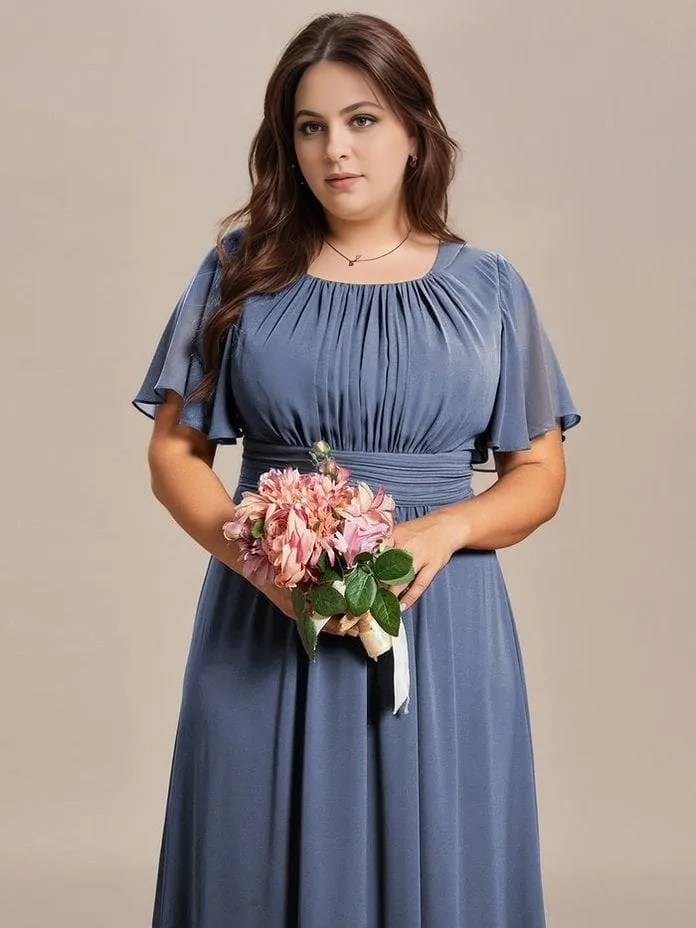 Robe demoiselle d'honneur bleue grande taille manches courtes