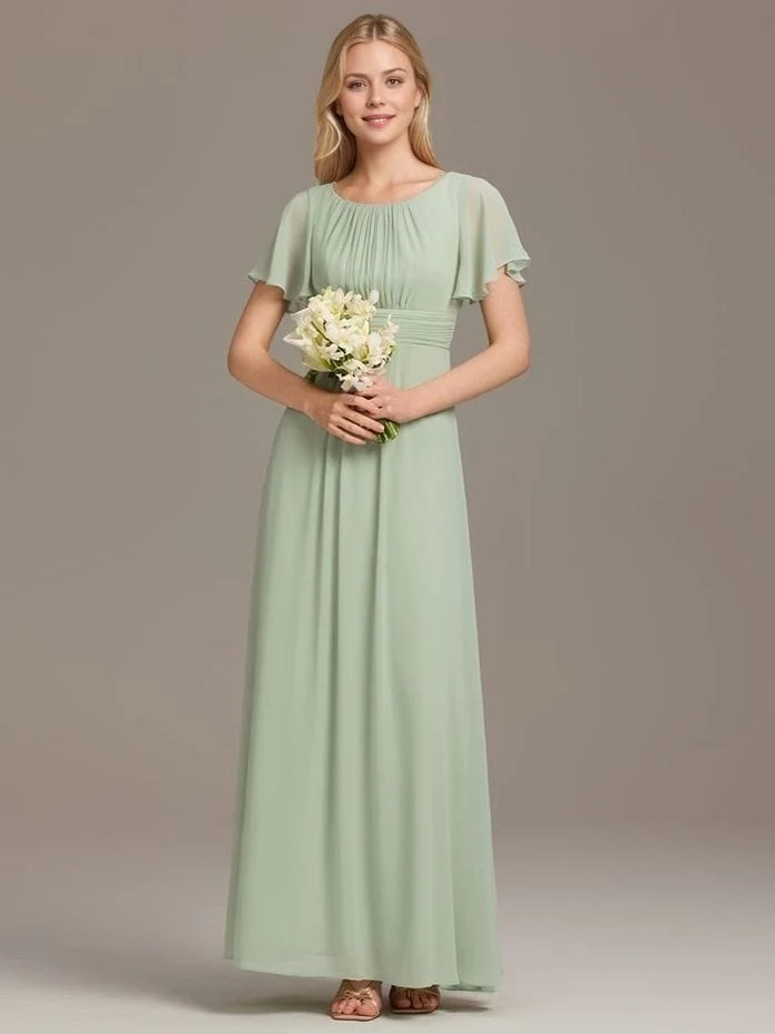 Robe demoiselle d'honneur longue drappée vert sauge fluide