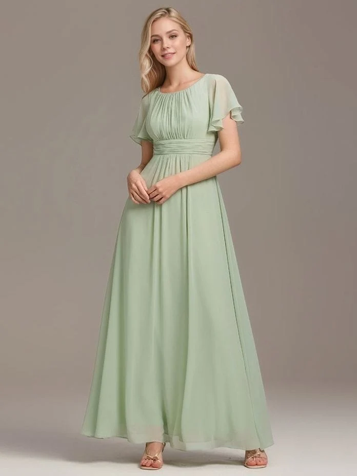 Robe demoiselle d'honneur longue drappée vert sauge fluide