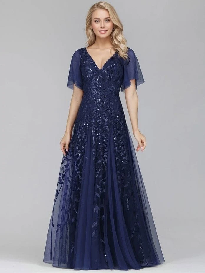 Robe de soirée bleue chic longue manches à volants
