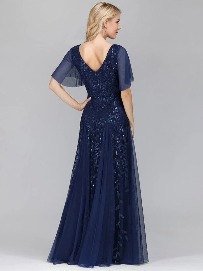 Robe de soirée bleue chic longue manches à volants