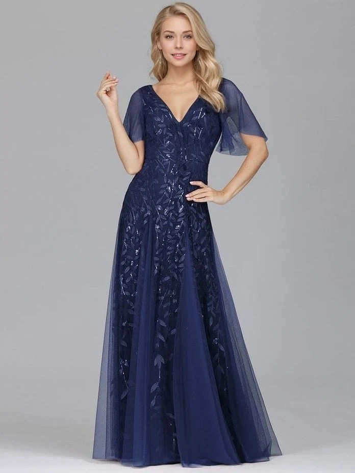 Robe de soirée bleue chic longue manches à volants