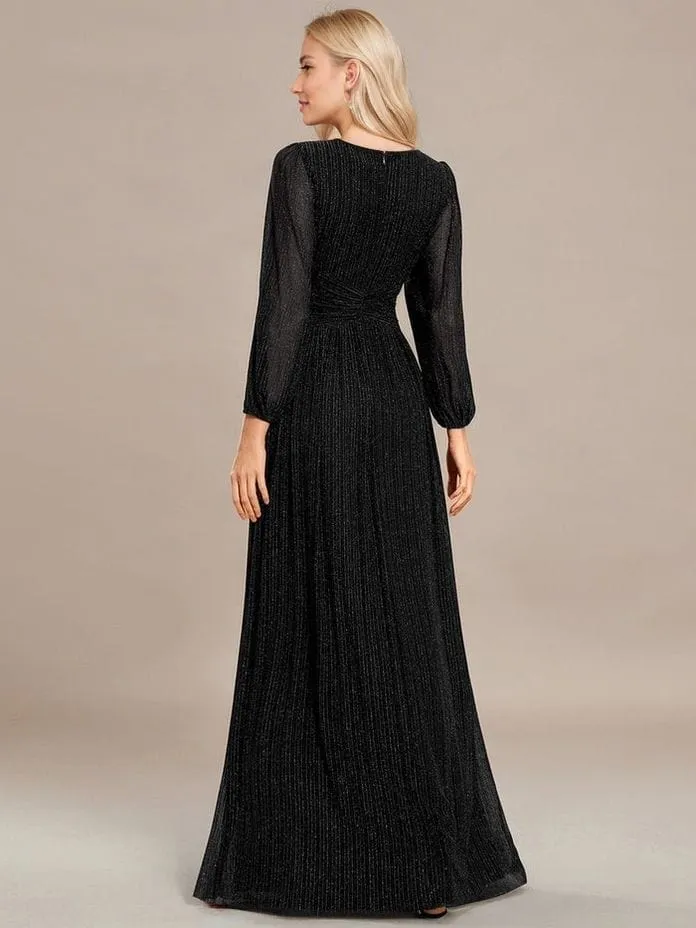 Robe de soirée longue noire manches longues col en V