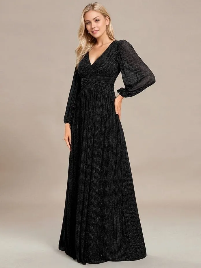 Robe de soirée longue noire manches longues col en V