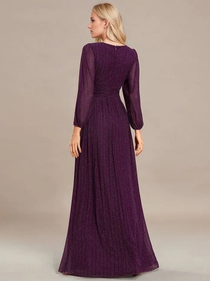 Robe de soirée longue violette manches longues
