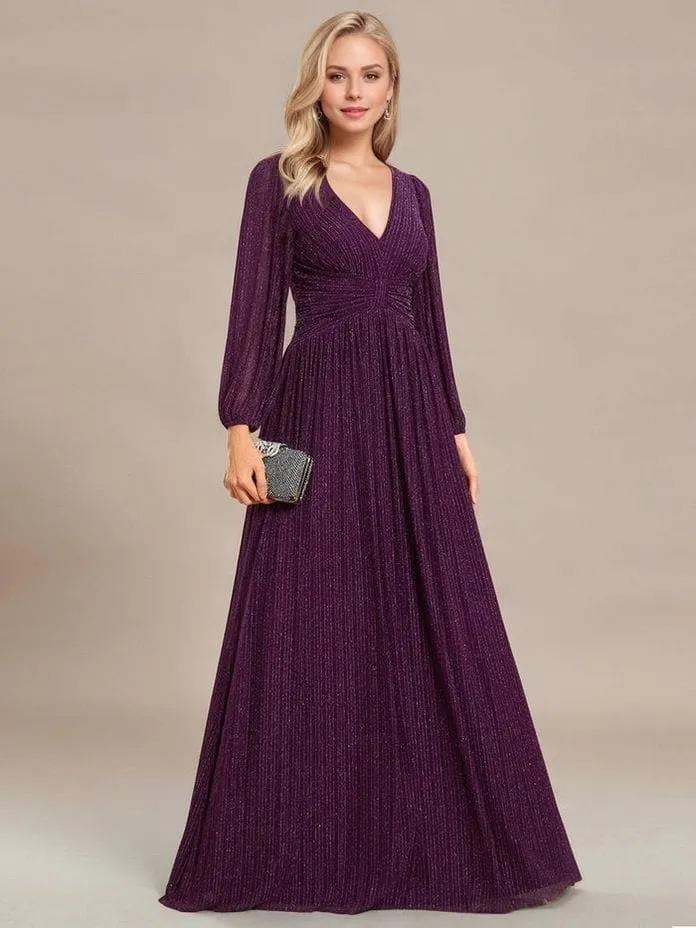 Robe de soirée longue violette manches longues