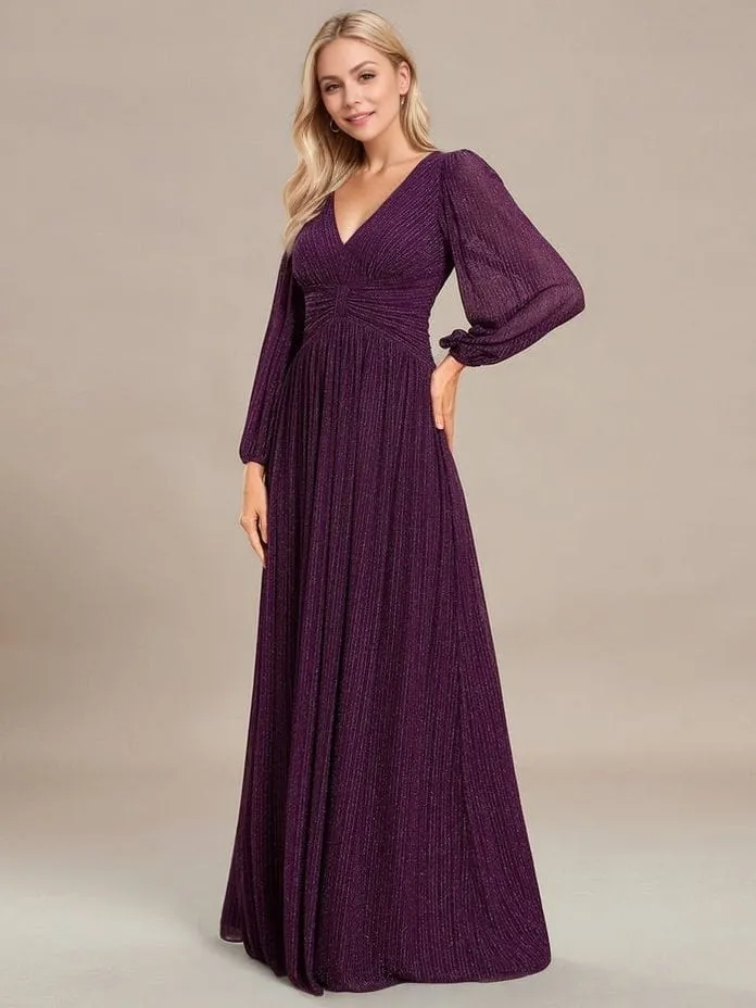 Robe de soirée longue violette manches longues