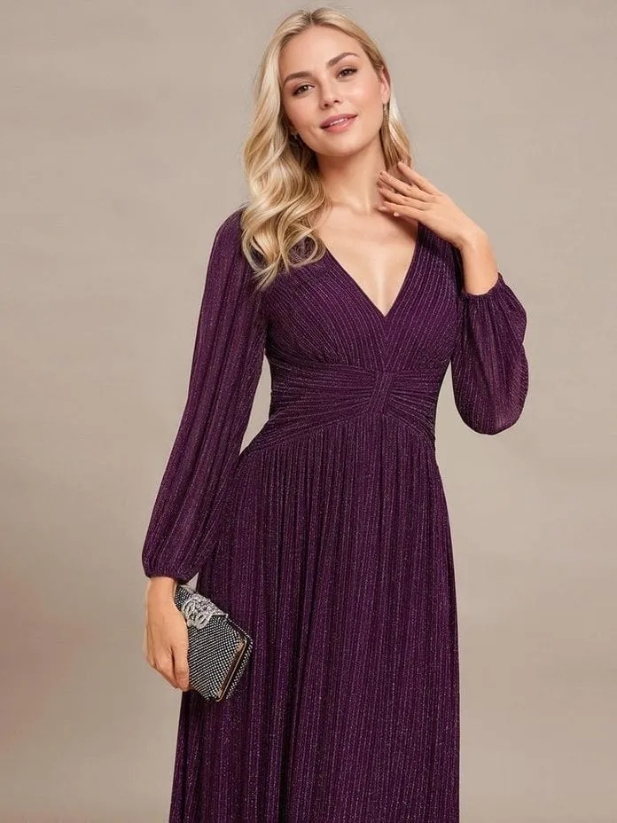 Robe de soirée longue violette manches longues