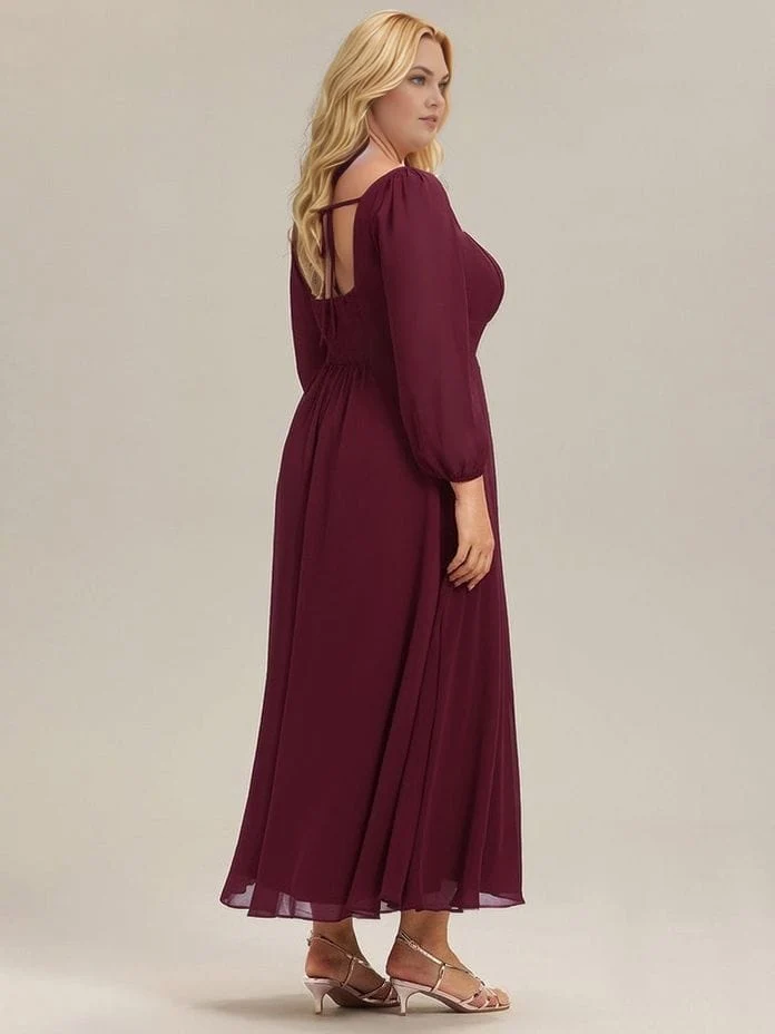 Robe de soirée bordeaux à manches longues grande taille