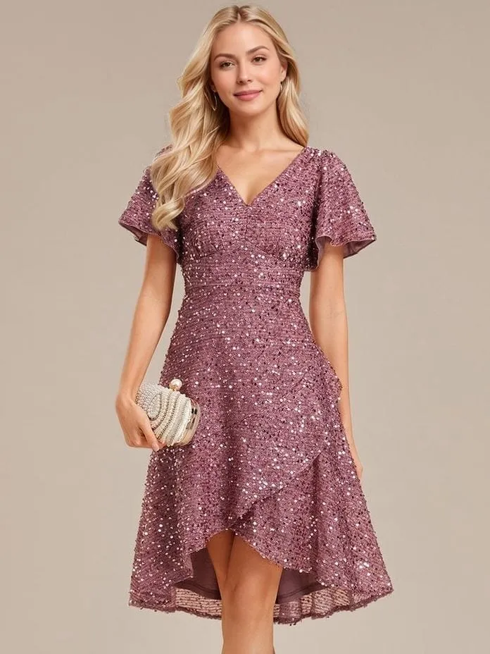 Robe de soirée rose à sequins manches courtes