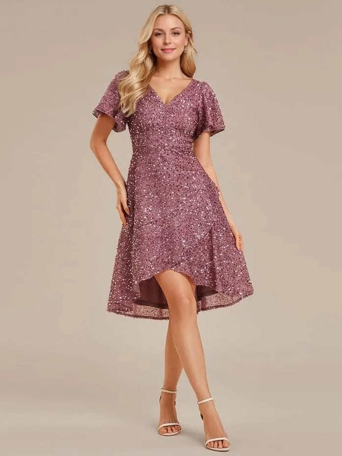 Robe de soirée rose à sequins manches courtes