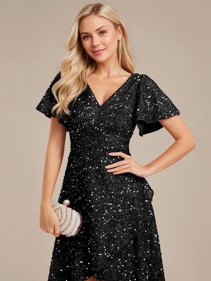 Robe de soirée noire asymétrique à sequins