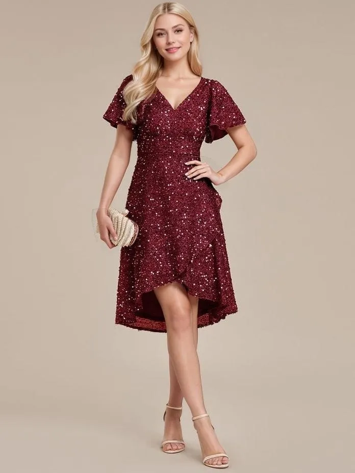 Robe de soirée courte bordeaux à paillettes