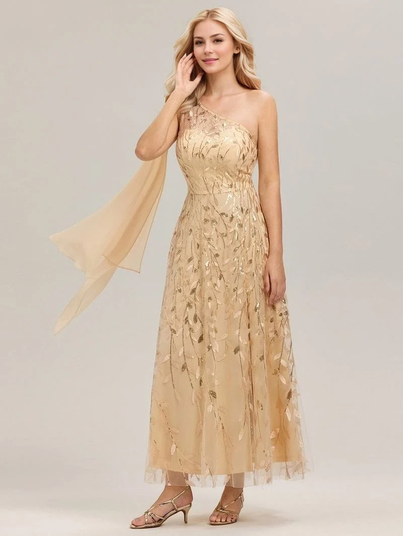 Robe de soirée de mariage dorée une épaule et fente