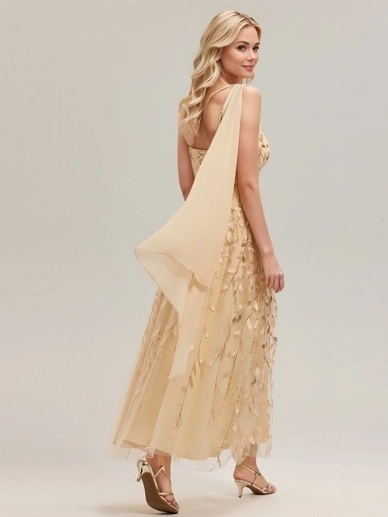 Robe de soirée de mariage dorée une épaule et fente