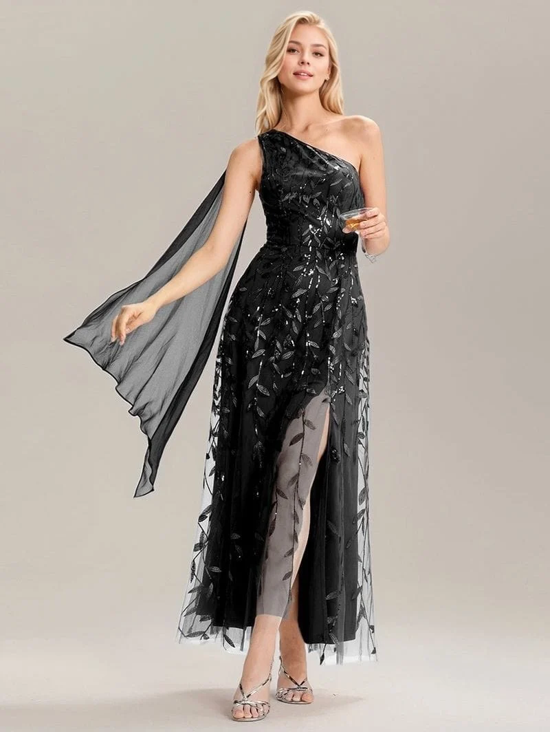 Robe de soirée noire une épaule avec fente