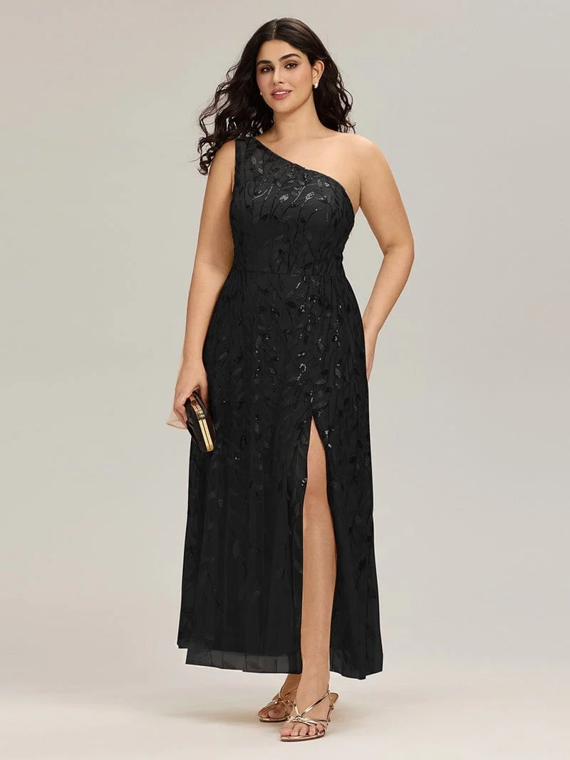 Robe de soirée noire une épaule avec fente