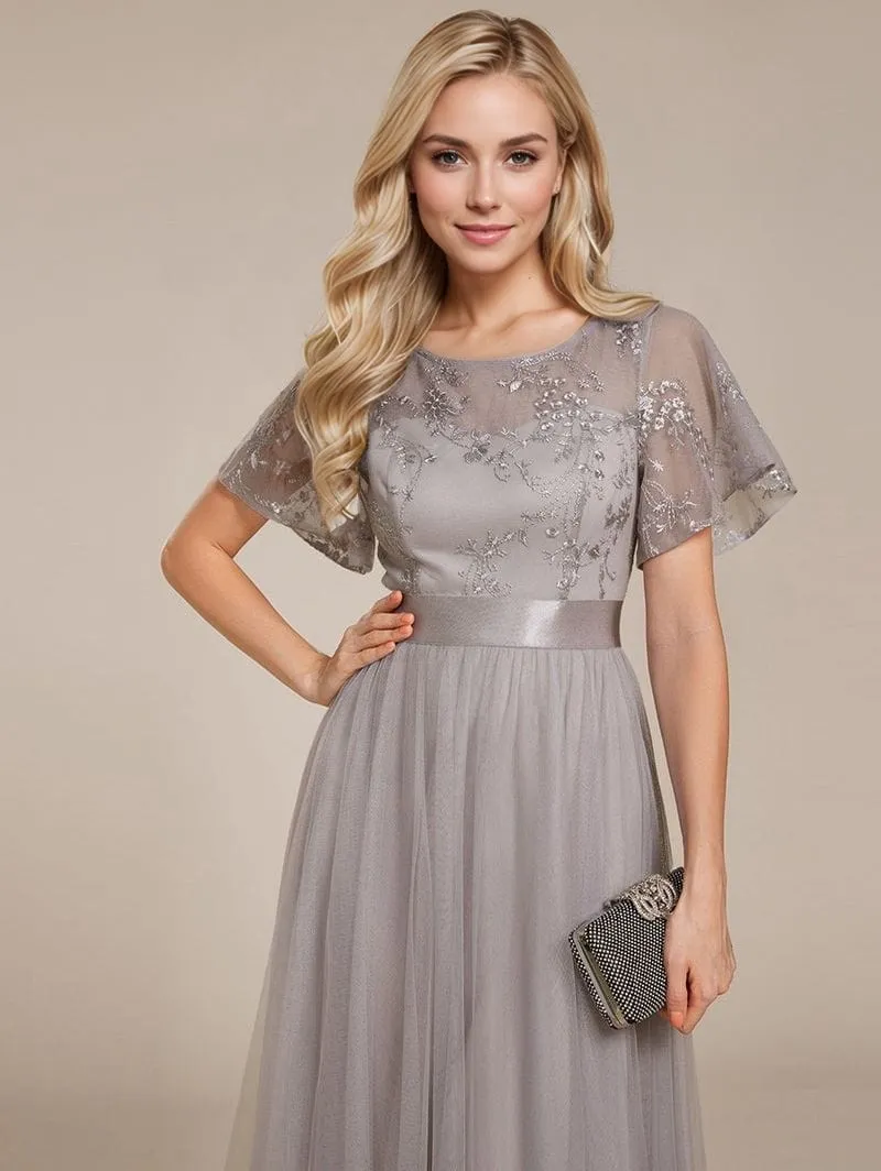 Robe de soirée de mariage grise haut tulle et broderies