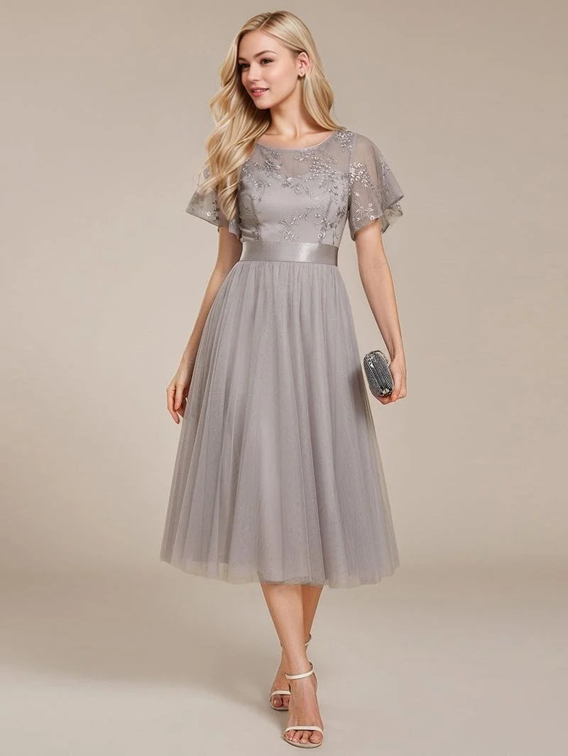 Robe de soirée de mariage grise haut tulle et broderies