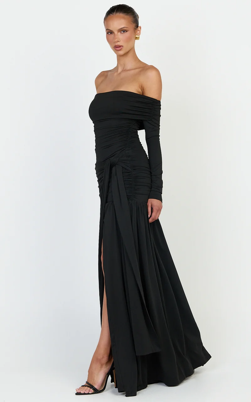 Amaya Maxi Dress - Off Shoulder Draped Long Sleeve Dress in Black