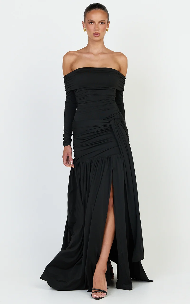 Amaya Maxi Dress - Off Shoulder Draped Long Sleeve Dress in Black