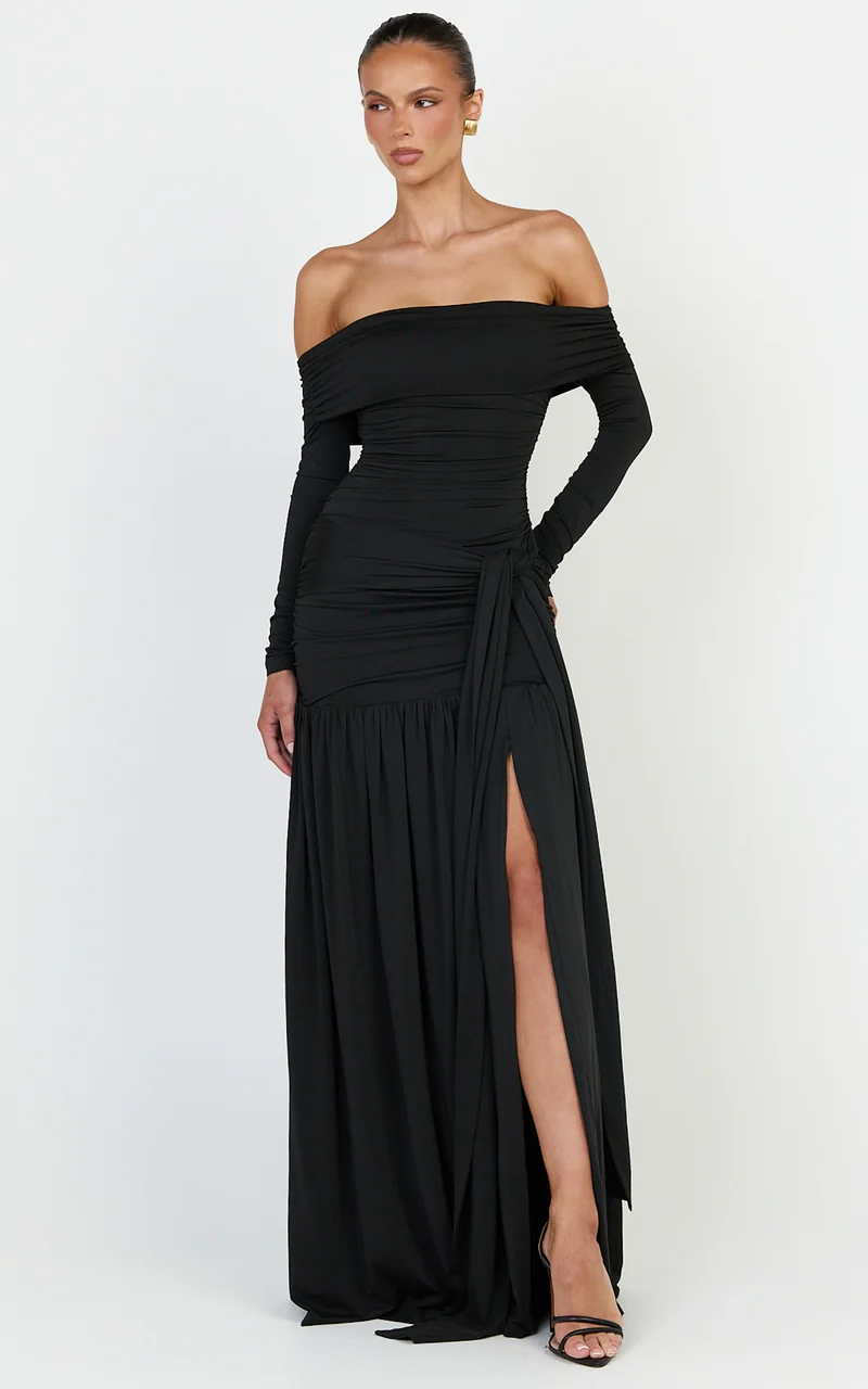 Amaya Maxi Dress - Off Shoulder Draped Long Sleeve Dress in Black