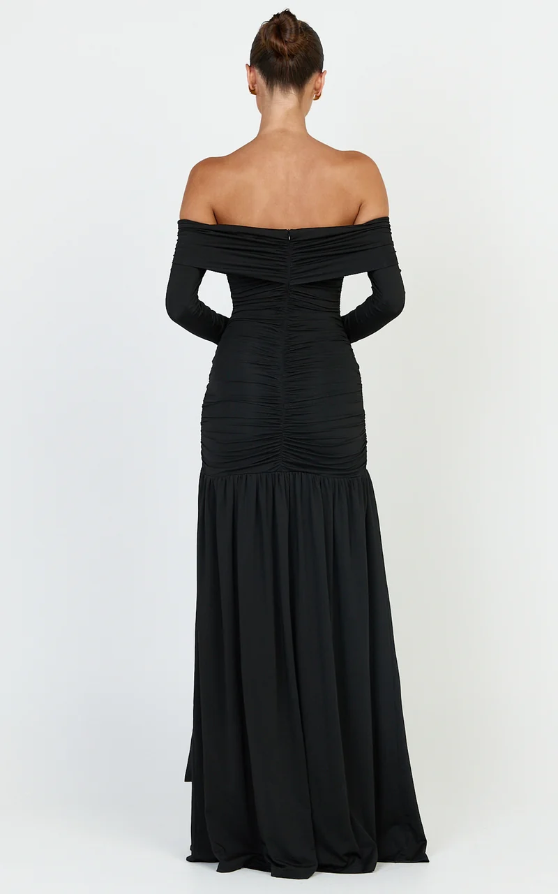 Amaya Maxi Dress - Off Shoulder Draped Long Sleeve Dress in Black