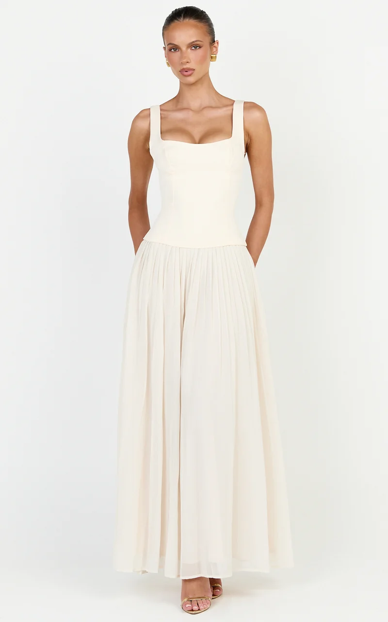 Amoura Maxi Dress - Square Neck Contrast Pleated Georgette Dress in Cream