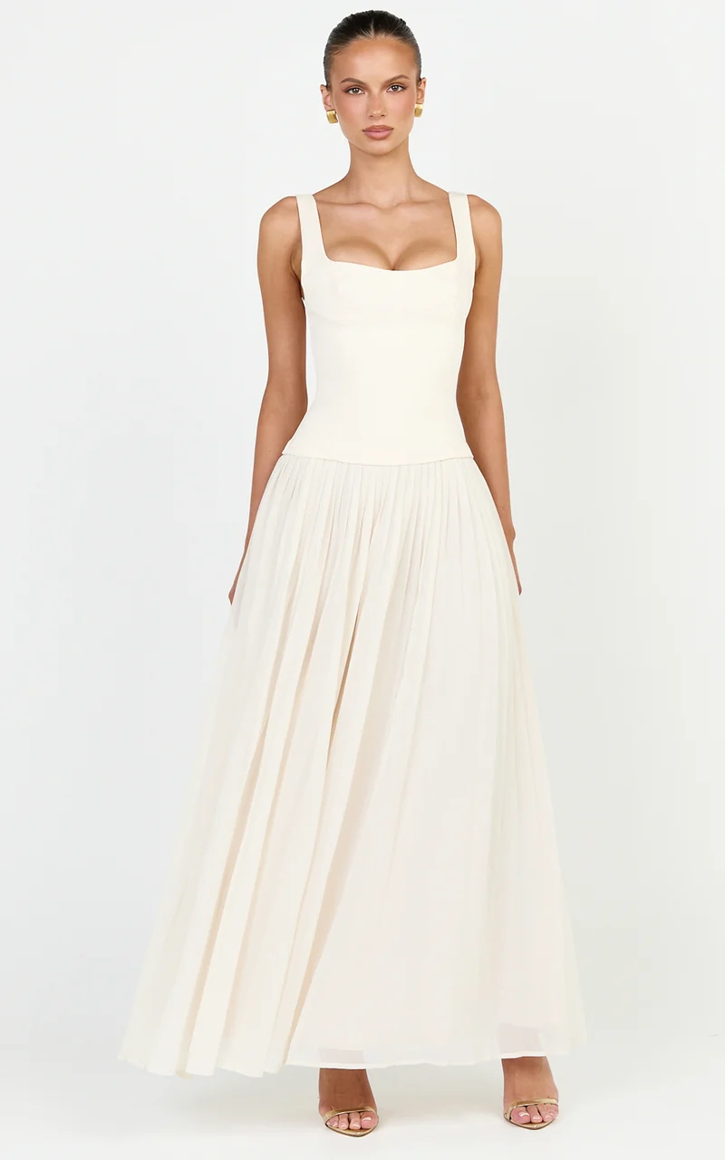 Amoura Maxi Dress - Square Neck Contrast Pleated Georgette Dress in Cream